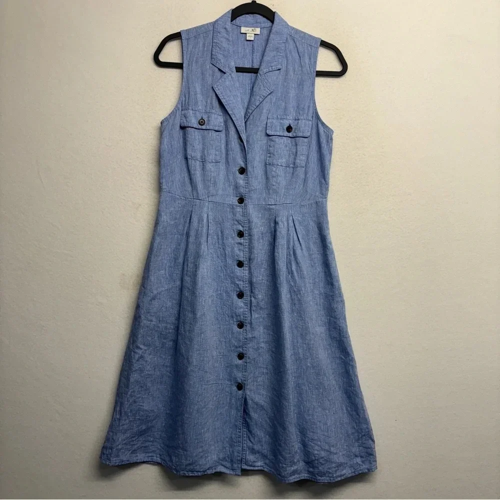 J. JILL Love Linen 100% Linen Button Down Sleeveless Blue Shirtdress S Pockets - Picture 2 of 9